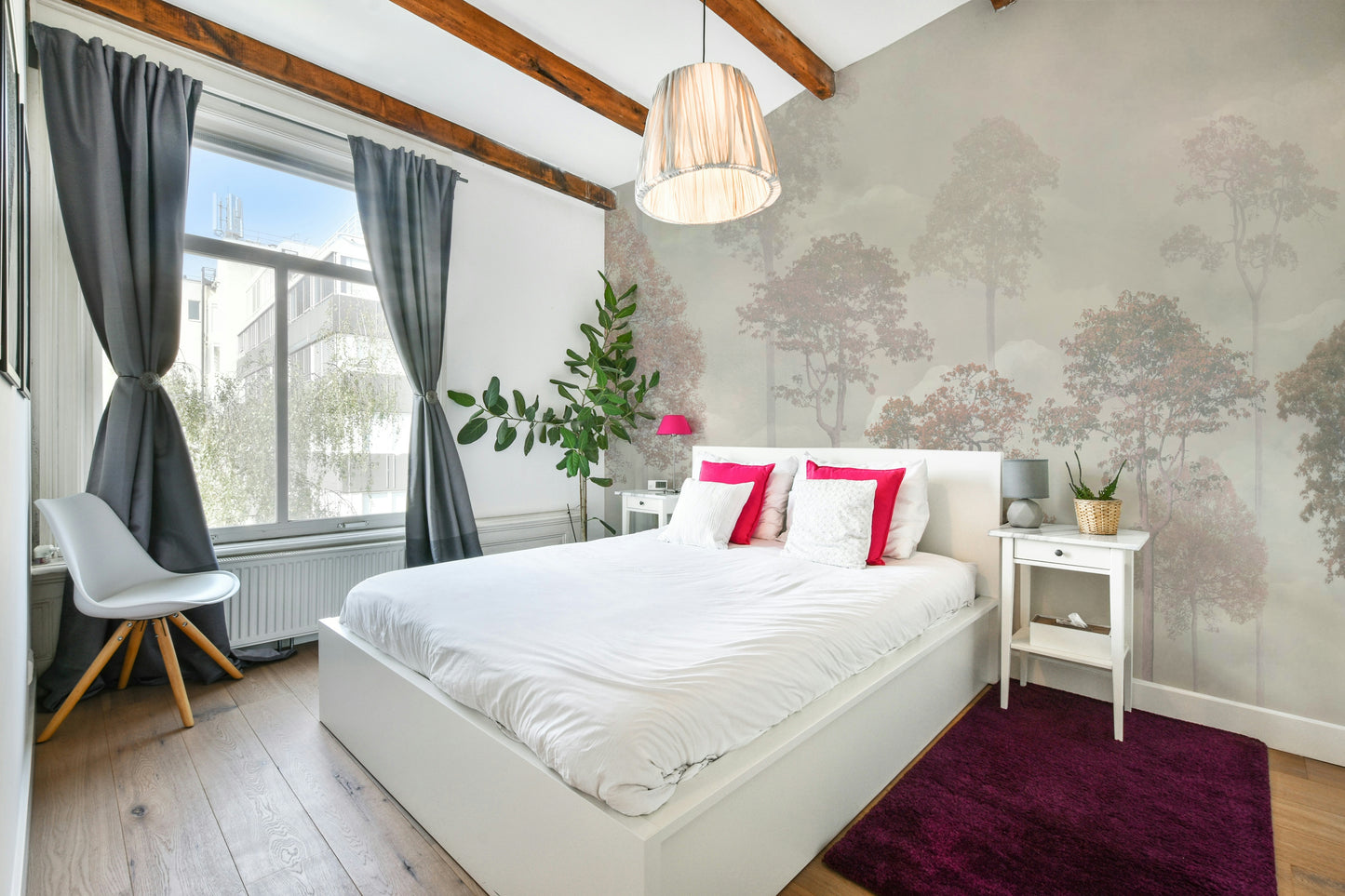 Misty evergreen forest scene for a traditional dining room wall.