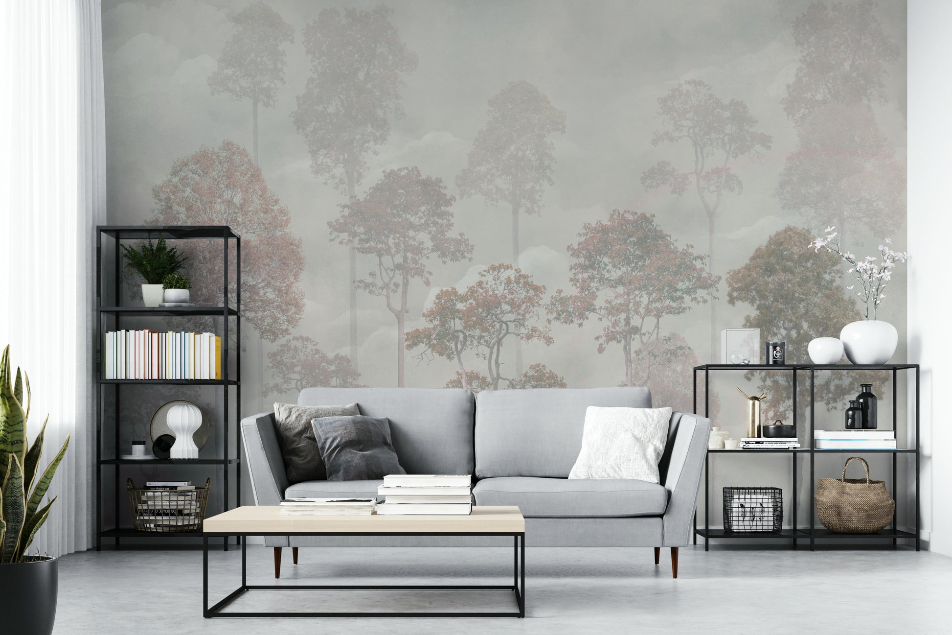 Whispering Woods Wall Mural with charcoal tree prints in a modern flat lounge.