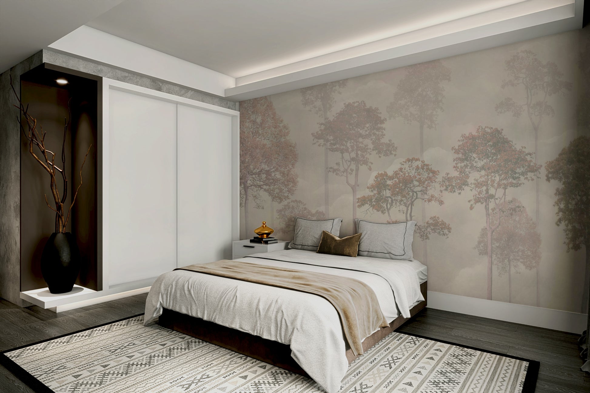 Whispering Woods Wall Mural showcasing a foggy morning in a serene guest room.
