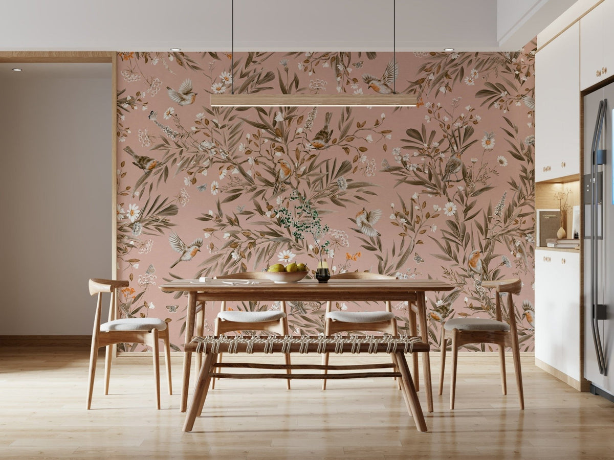 Whispering Woods Wallpaper Wall Mural featuring a misty forest with soft, ethereal lighting.