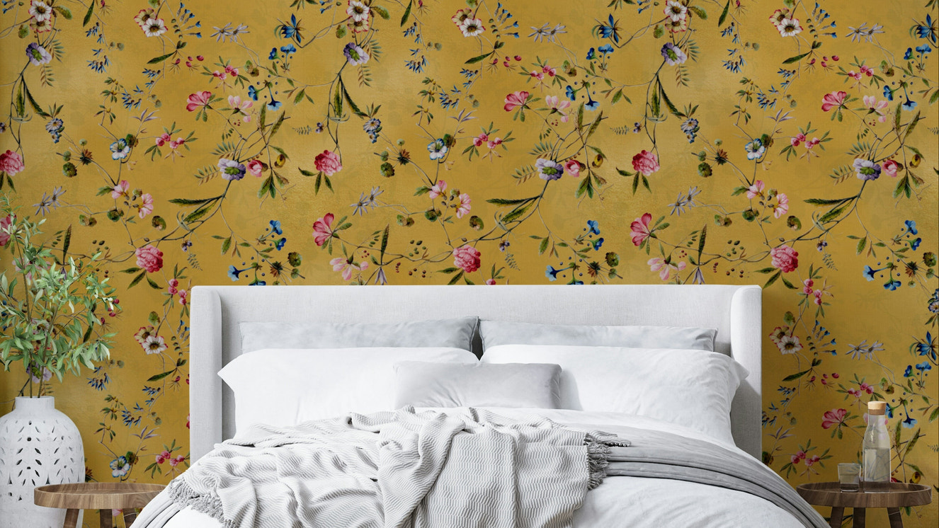Whispers of Chinoiserie Wallpaper with floral vines and butterflies.

