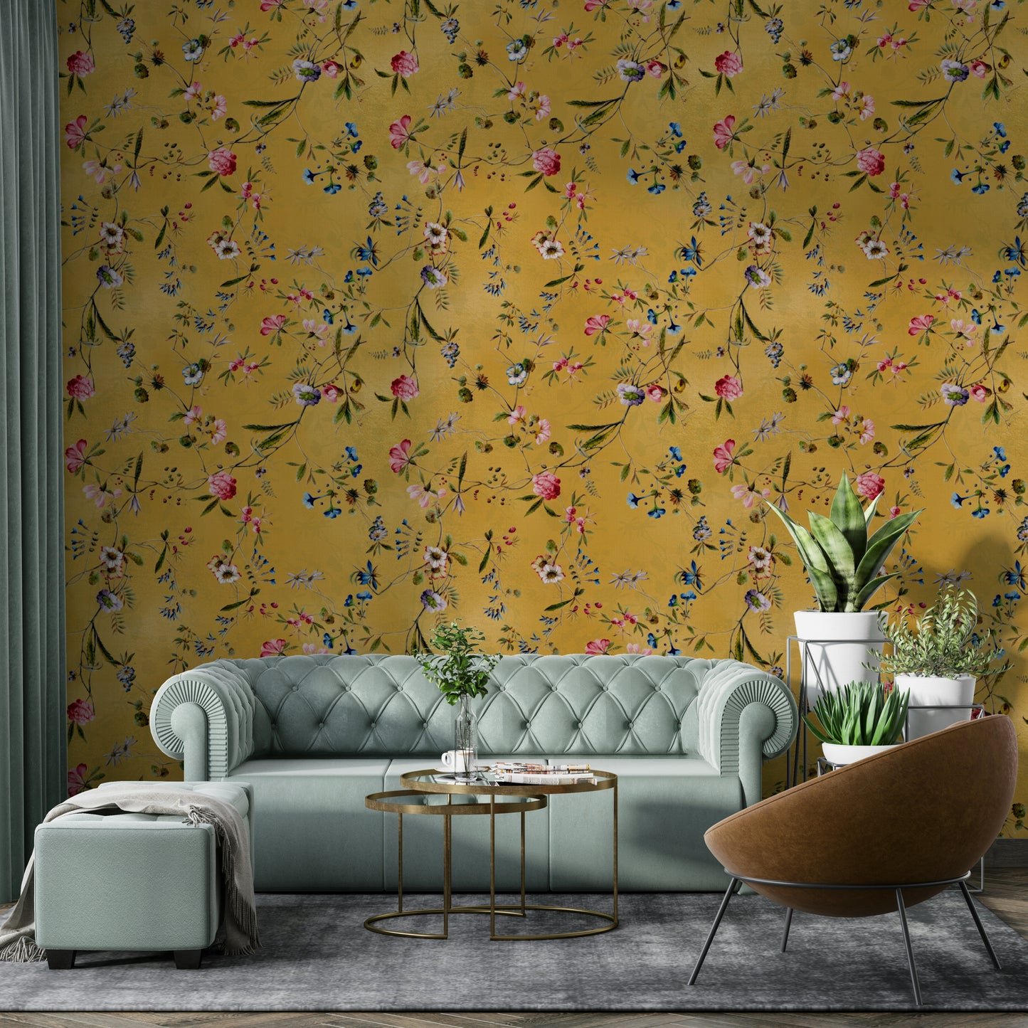 Soft chinoiserie mural featuring painterly blooms on branches.

