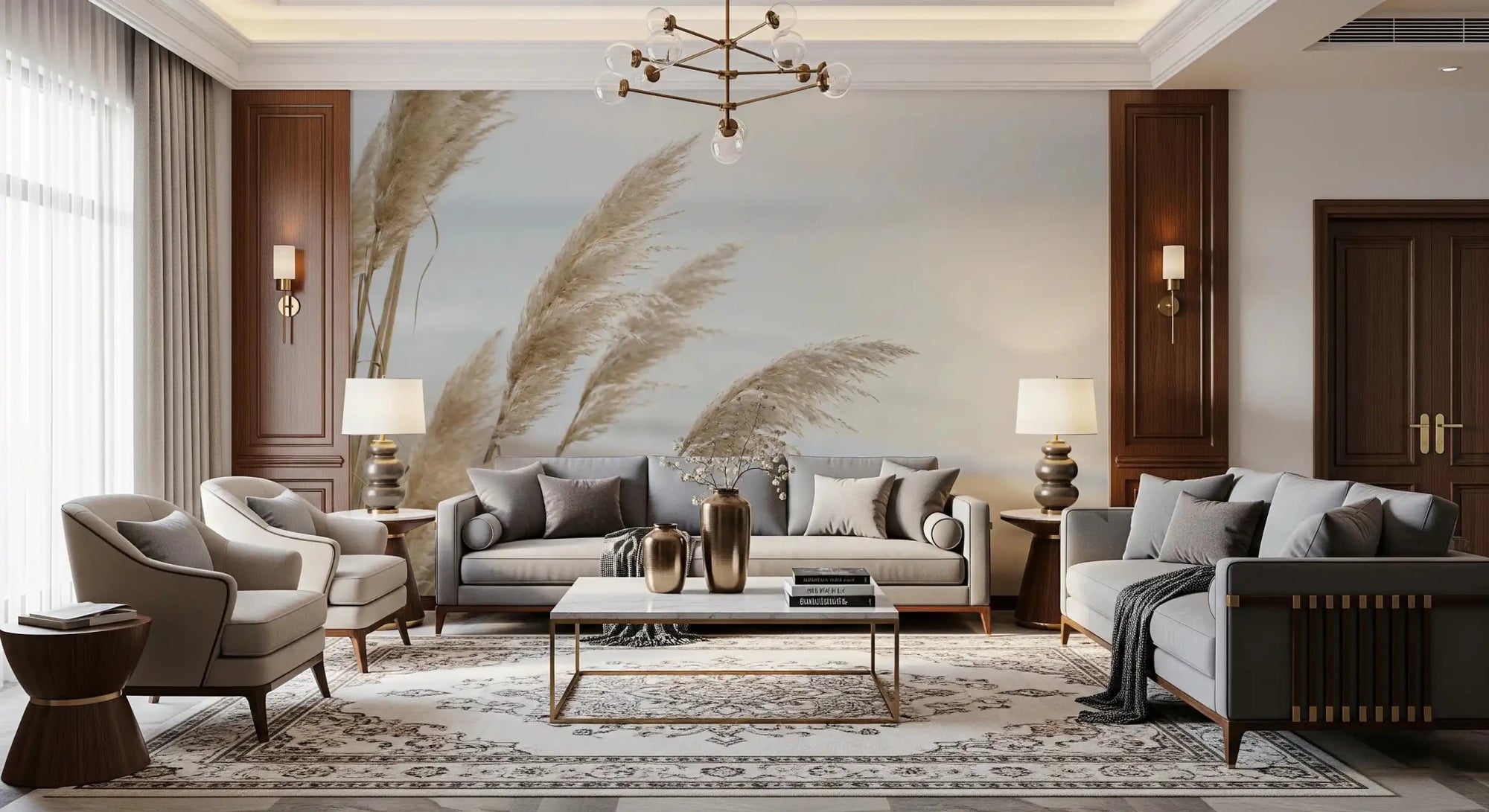 Pampas Shore wall mural adds a soft coastal backdrop to a living room