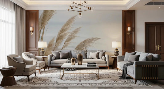 Pampas Shore wall mural adds a soft coastal backdrop to a living room