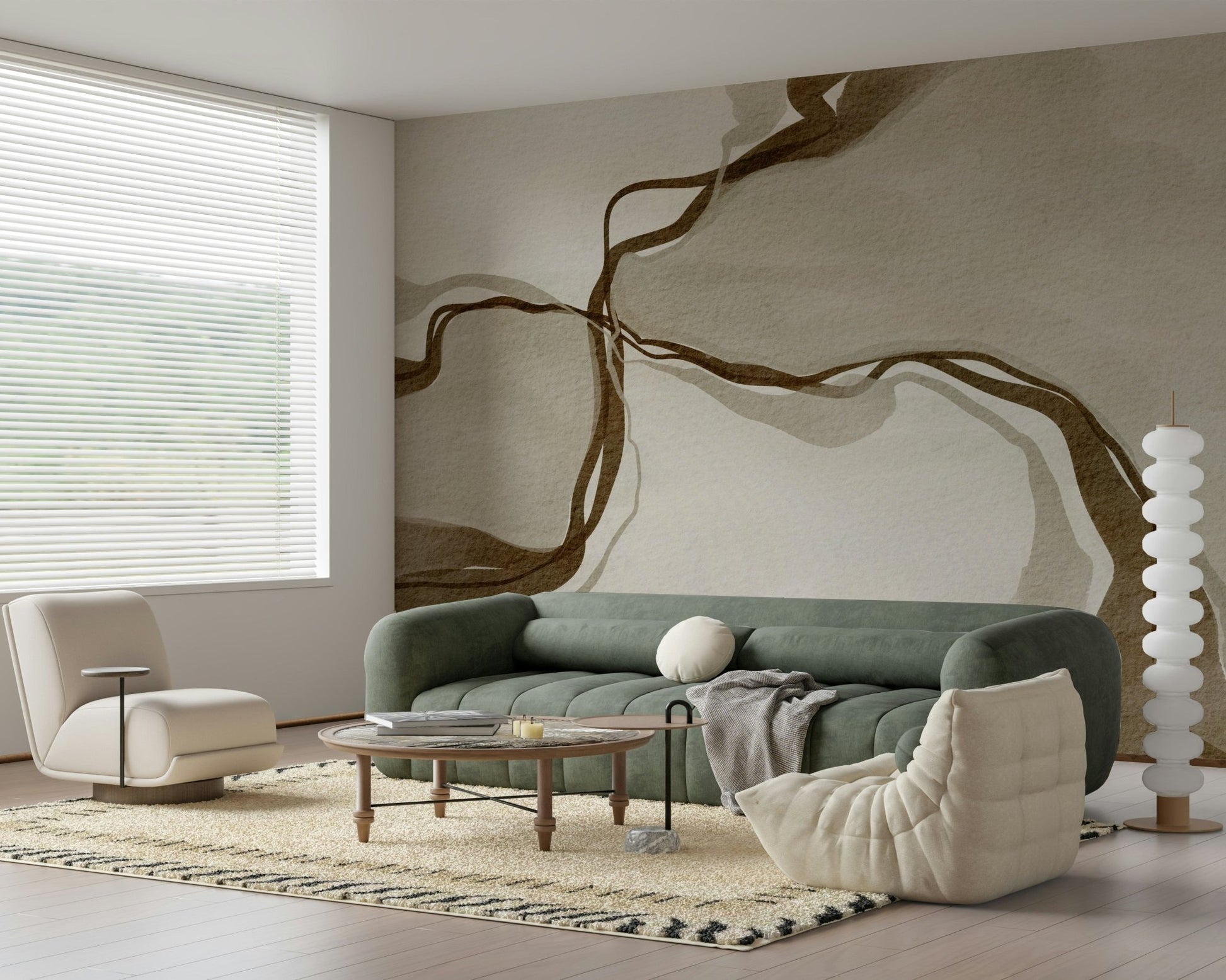 Whispers of Sepia wallpaper showing fluid brown ribbons on light beige background.