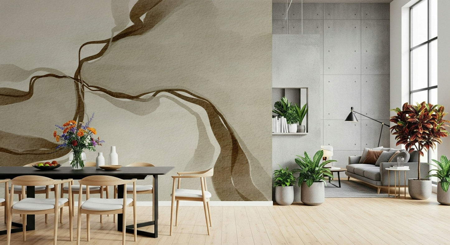 Abstract wall mural featuring soft watercolor washes in neutral taupe tones.