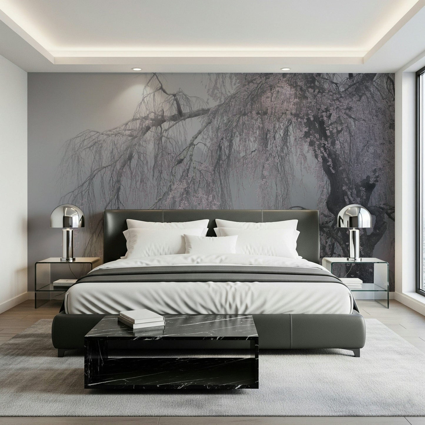 Whispers of Spring, wistful mood, pale mauve flowers on branches wallpaper.