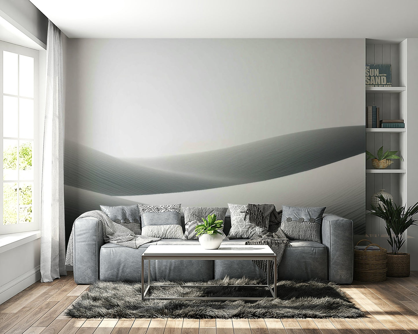 Peaceful bedroom with Whispers of the Dunes mural

