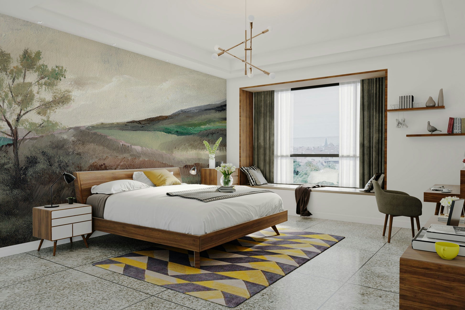 Minimalist hill mural evoking quiet countryside

