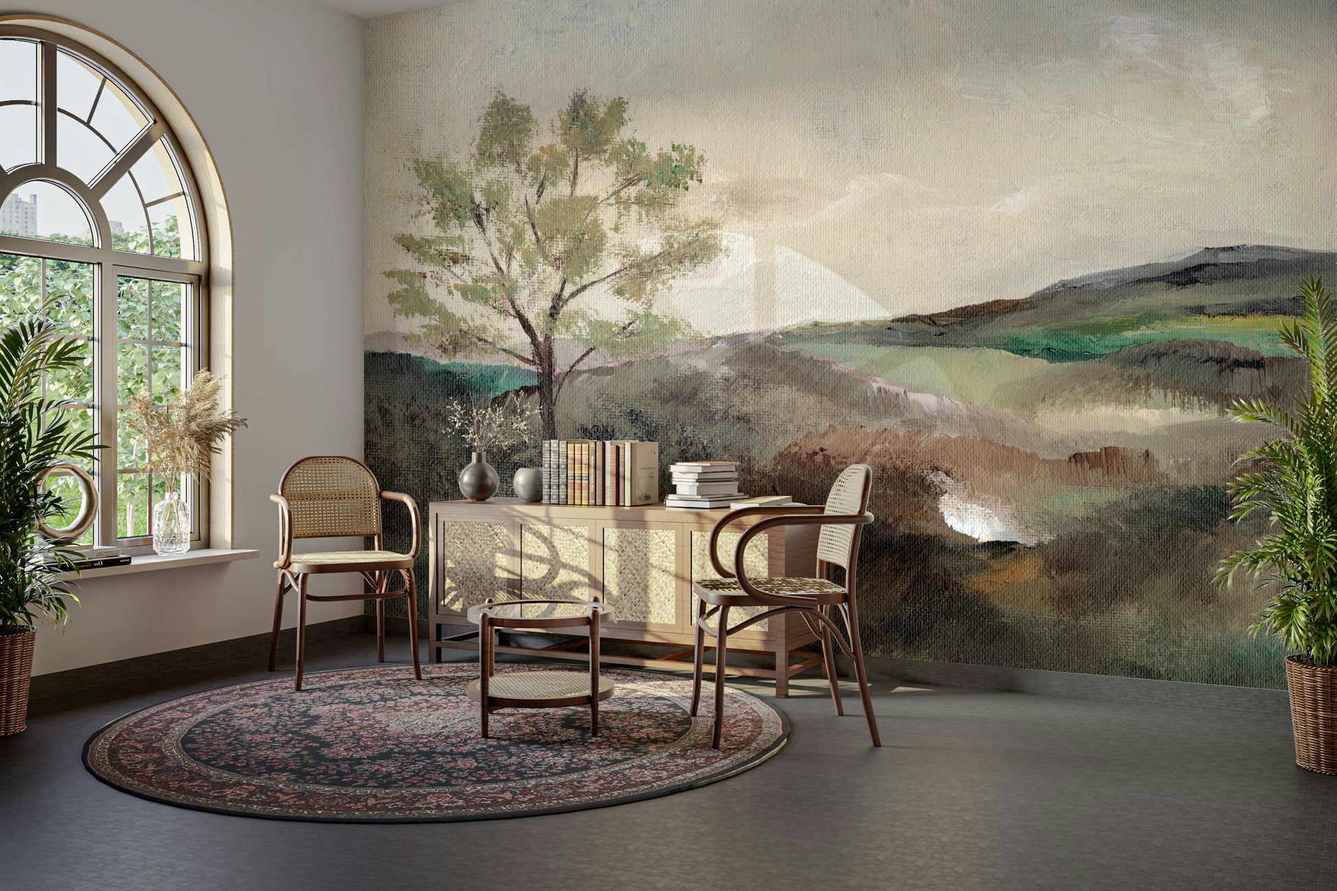 Serene mural with layered rolling hills and fog

