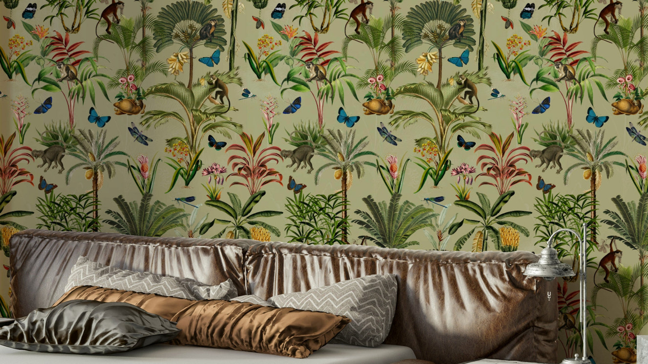 Wallpaper with delicate florals on a lavender-blue background.

