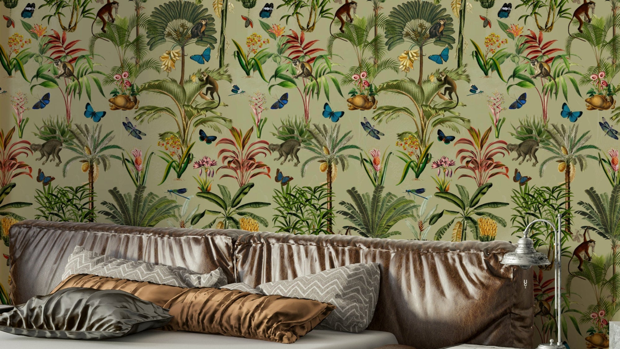 Wallpaper with delicate florals on a lavender-blue background.

