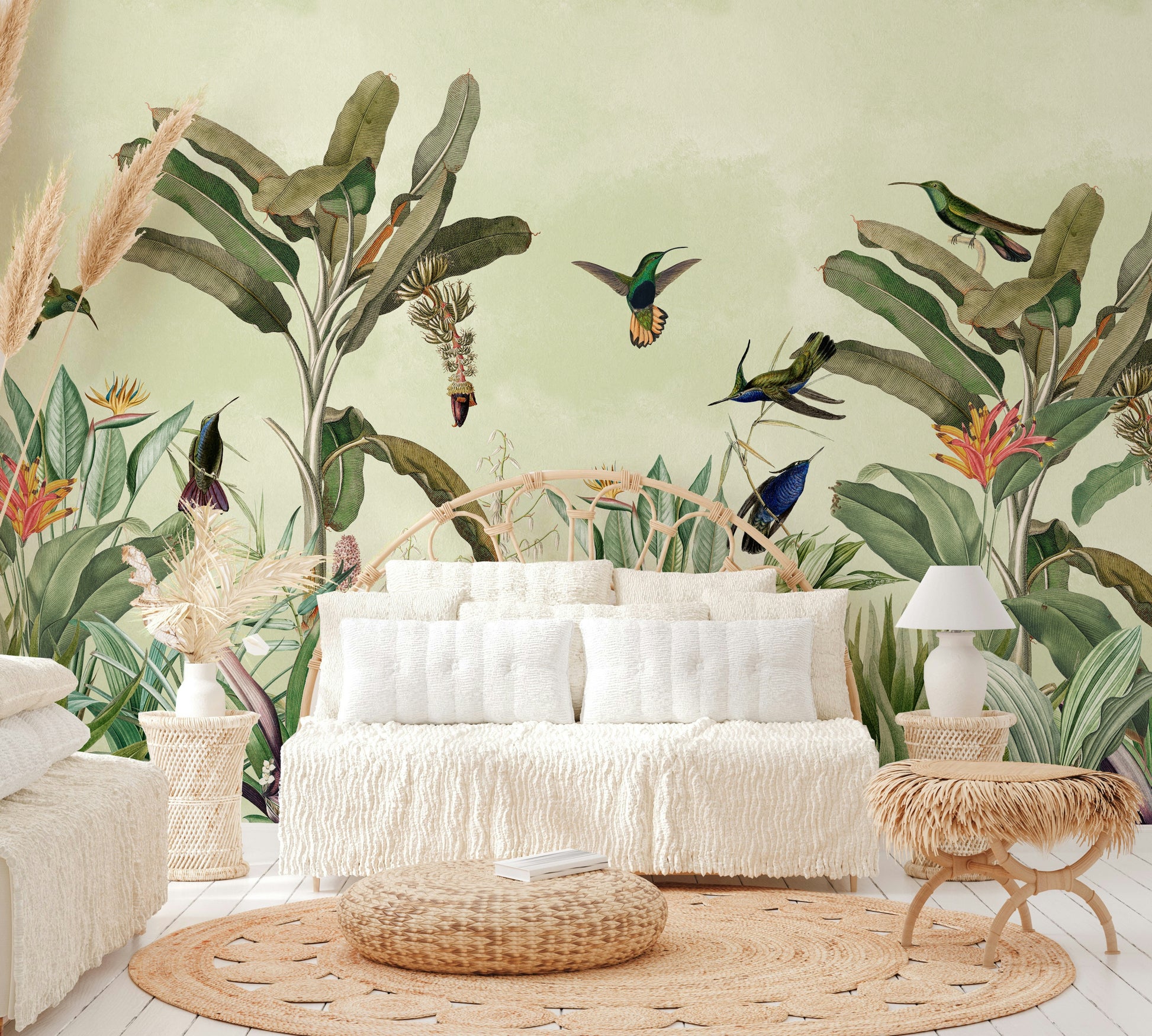 Lush green jungle mural wallpaper with exotic wildlife

