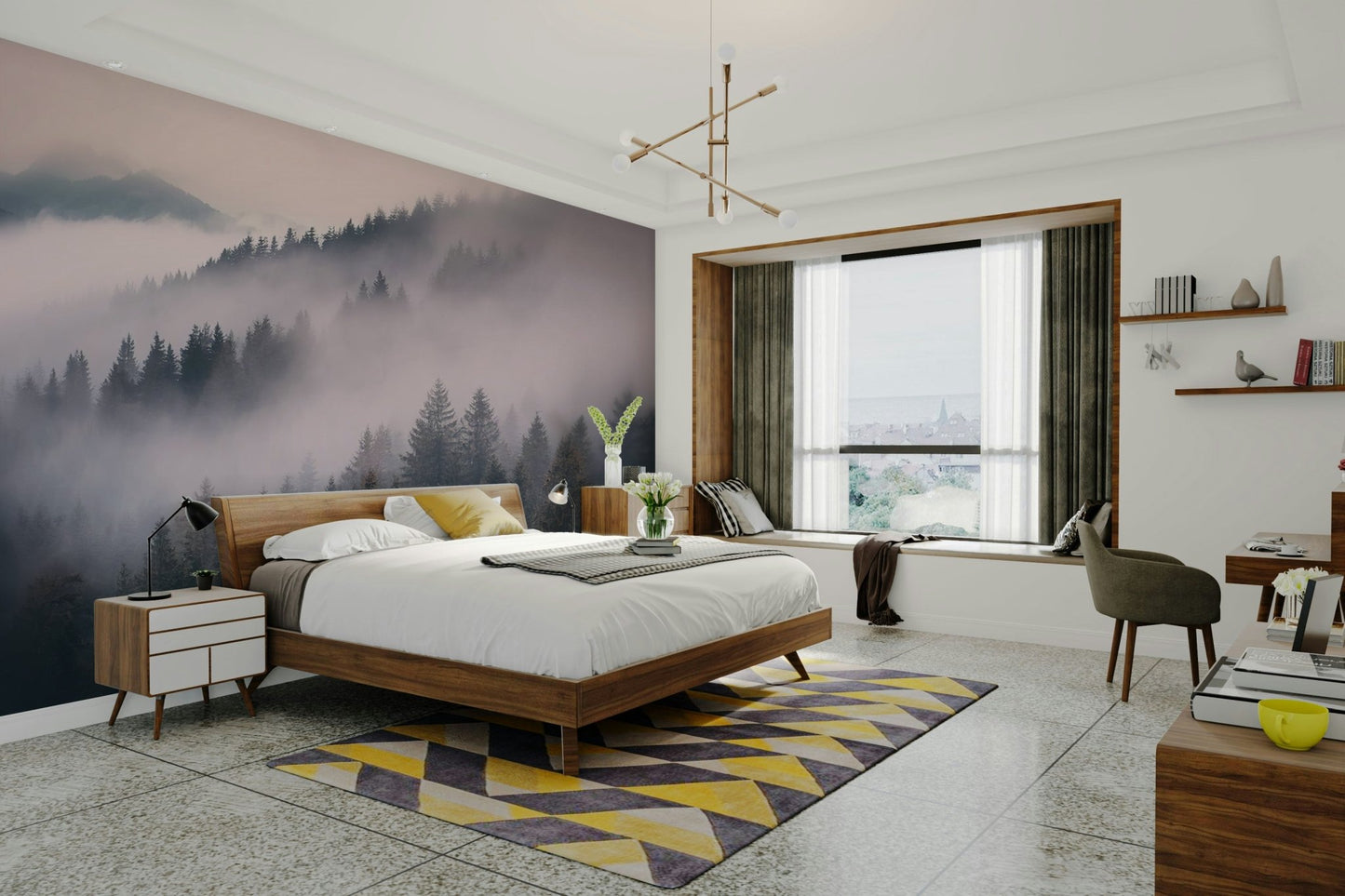 Whispers of the Misty Woods mural in grey hues

