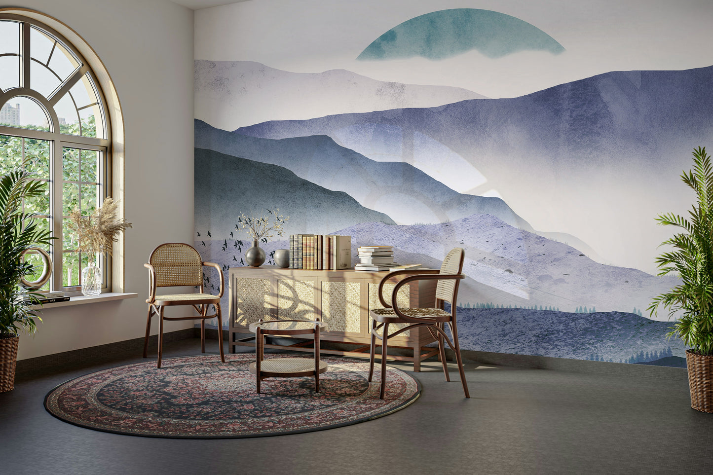 Blue watercolor mountain wallpaper for a modern bedroom with organic linen home styling.