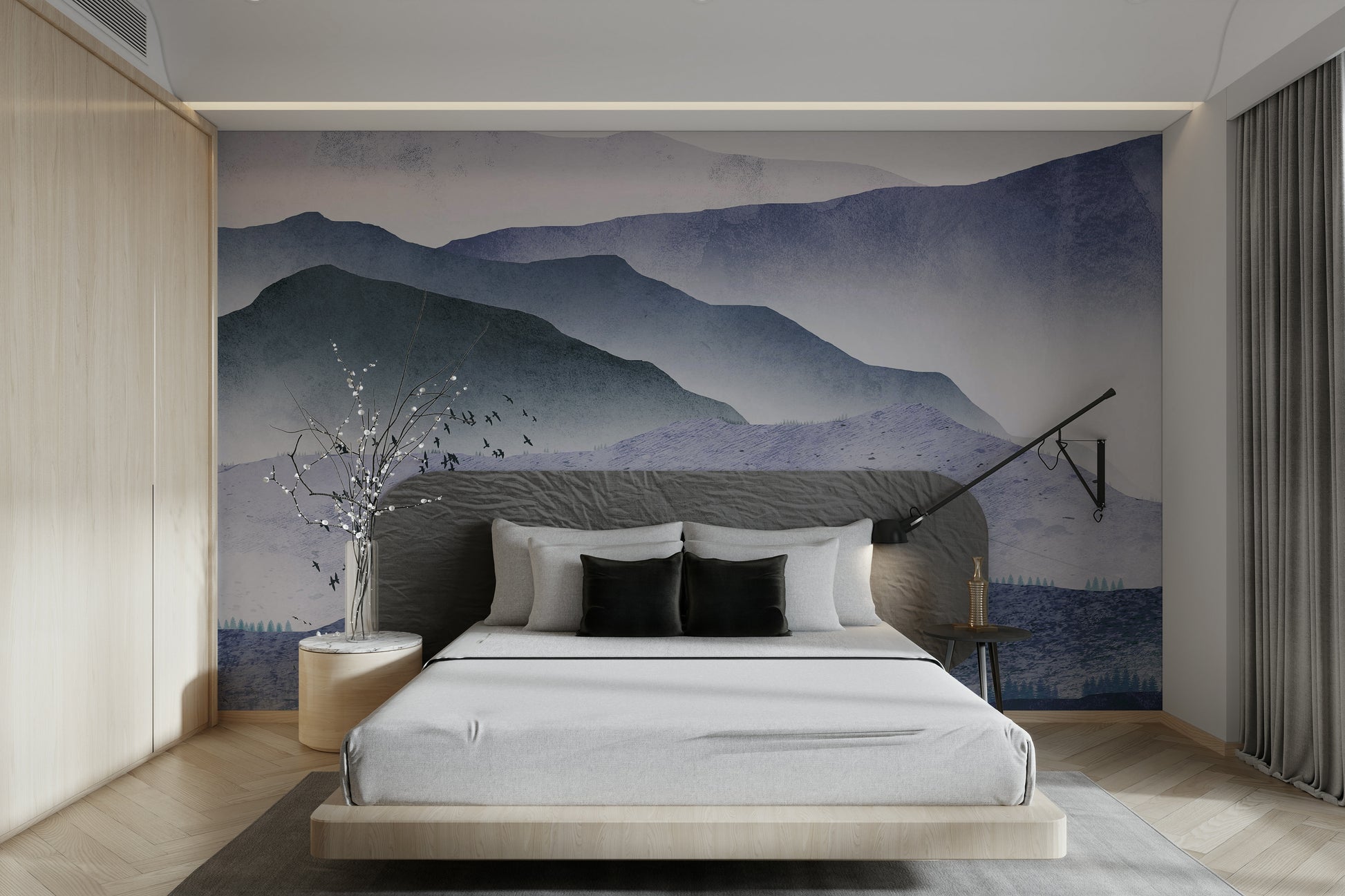 Whispers of the Mountains Mural Wallpaper depicting a serene landscape in a master suite.