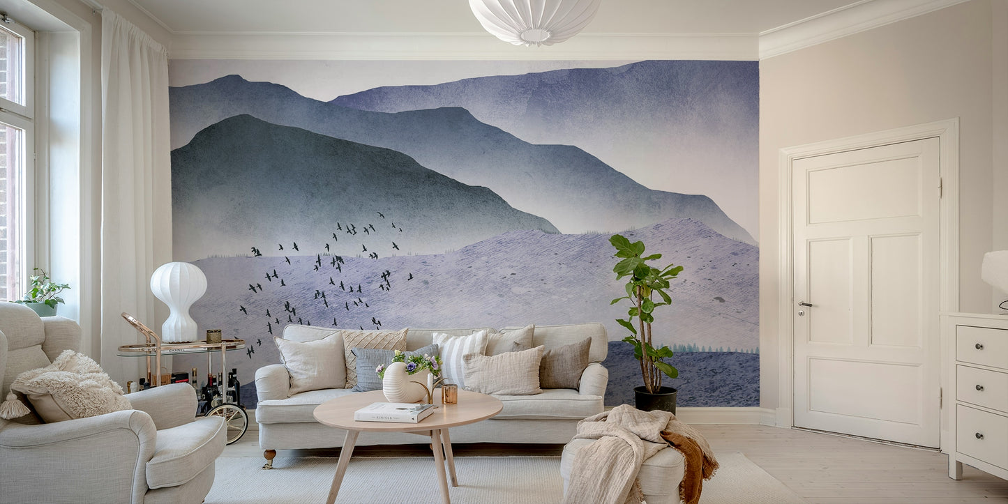 Whispers of the Mountains Mural Wallpaper used in a nursery with light wood textures.