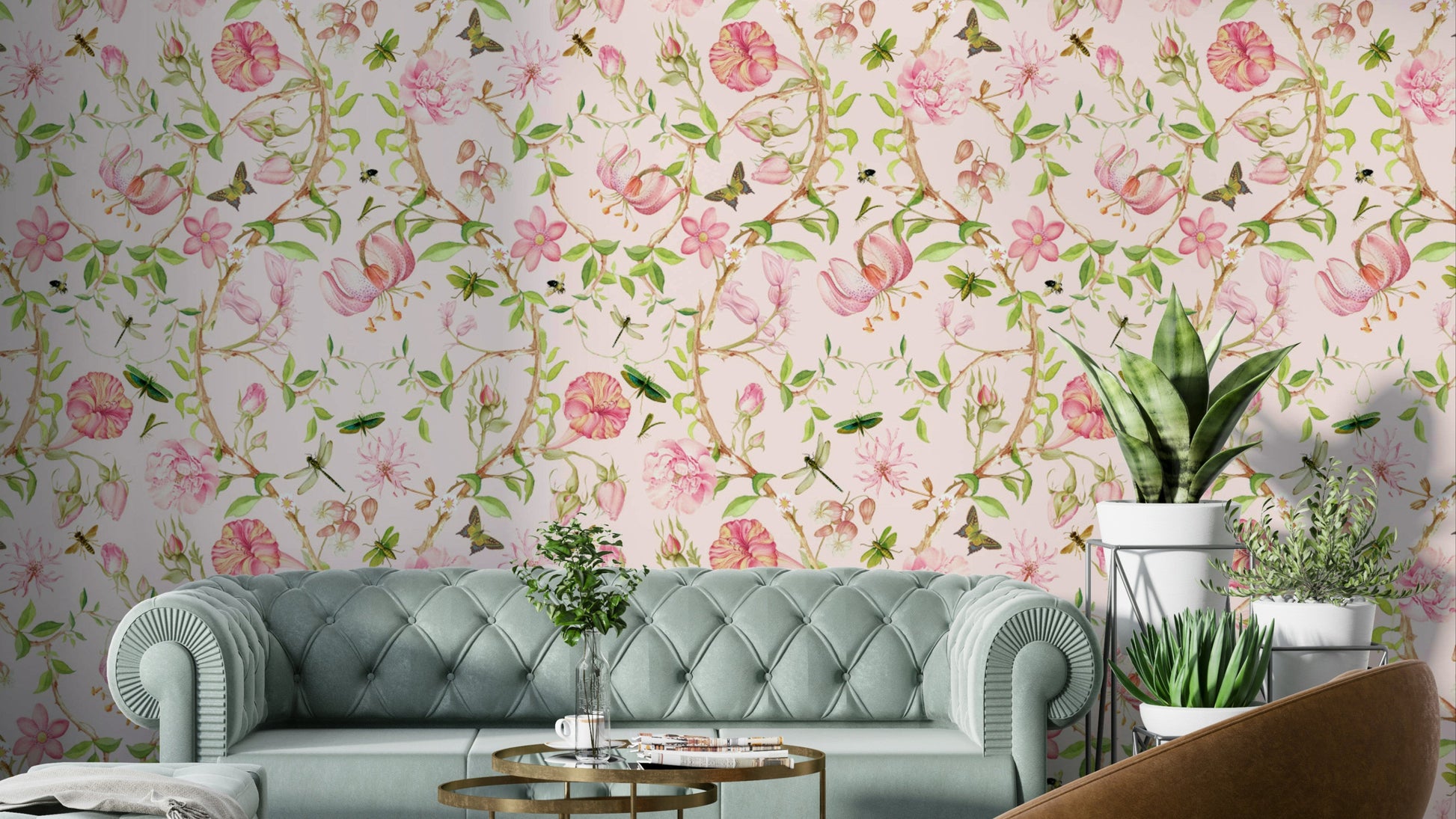 Whispers of the Secret Garden Wallpaper with peach blooms and birds.

