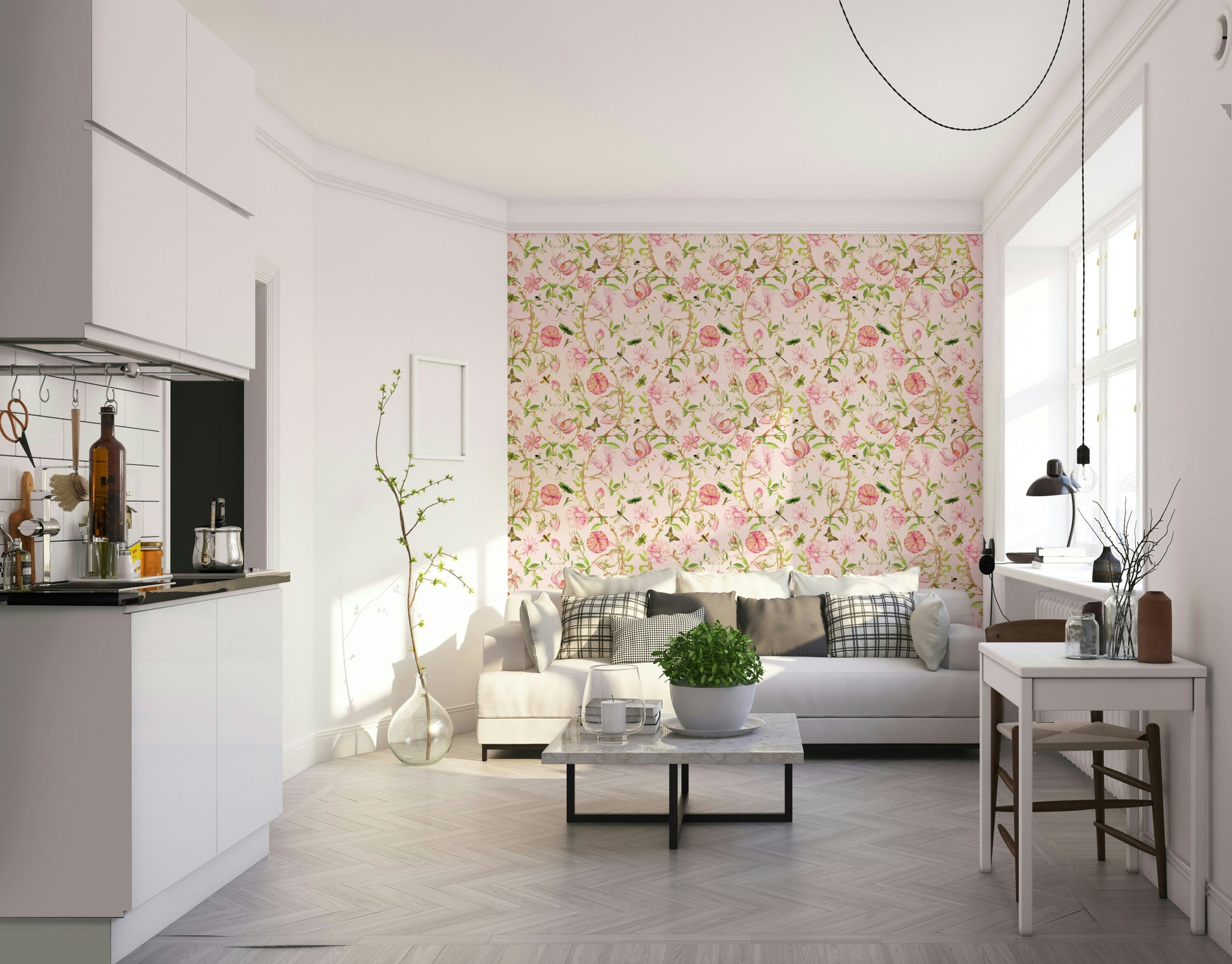 Pastel floral wallpaper with birds and soft botanical patterns.

