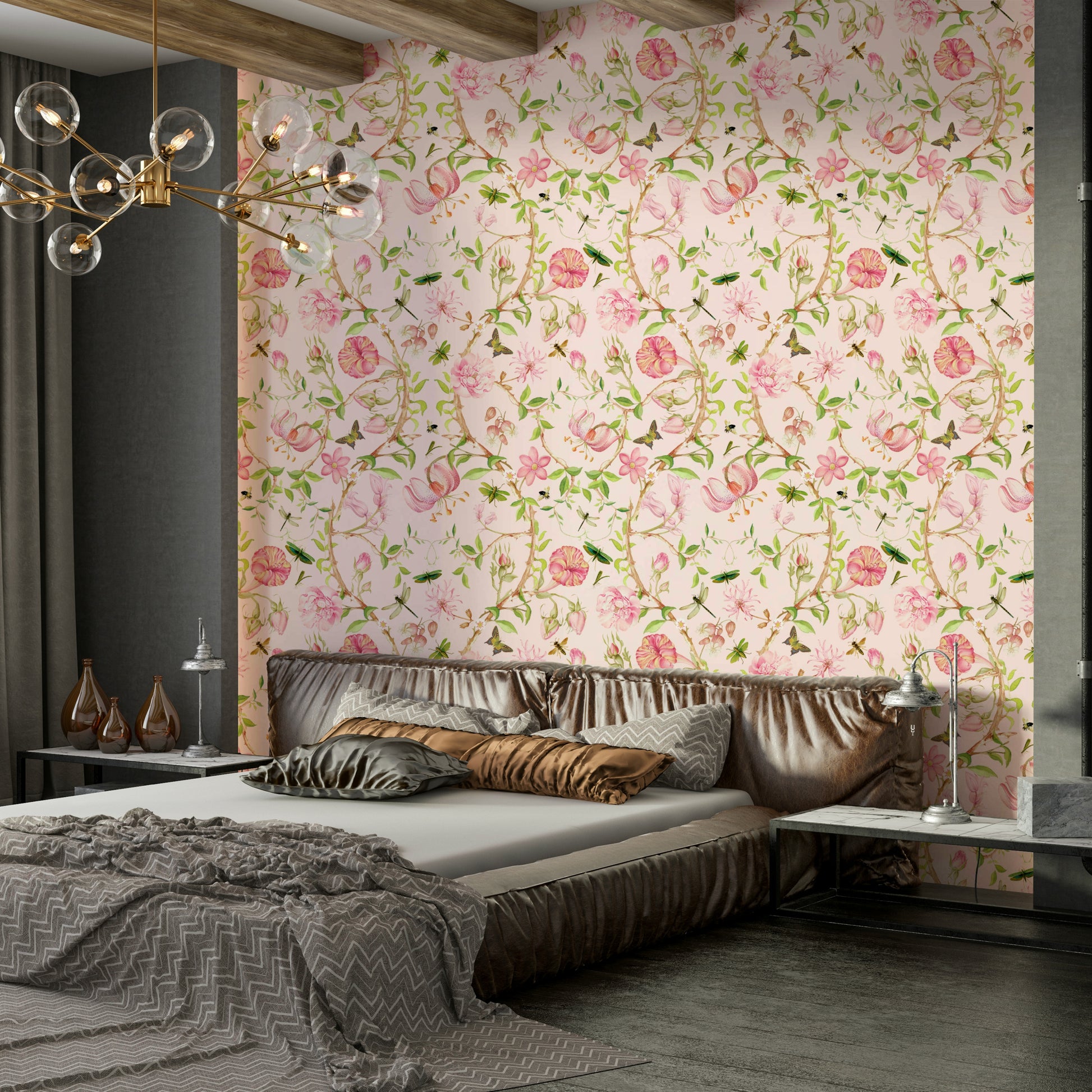 Soft floral wallpaper featuring winding branches and delicate leaves.

