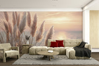 Blurred horizon mural with painterly beach style

