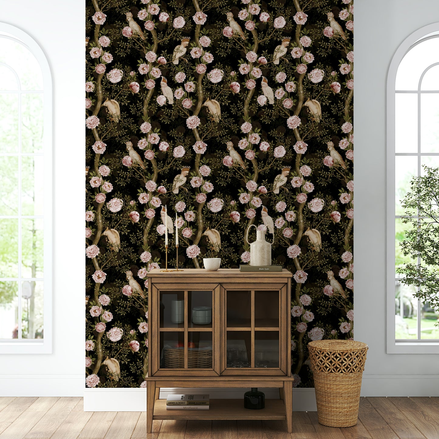 Subtle tropical wallpaper in soft greens and warm neutrals.

