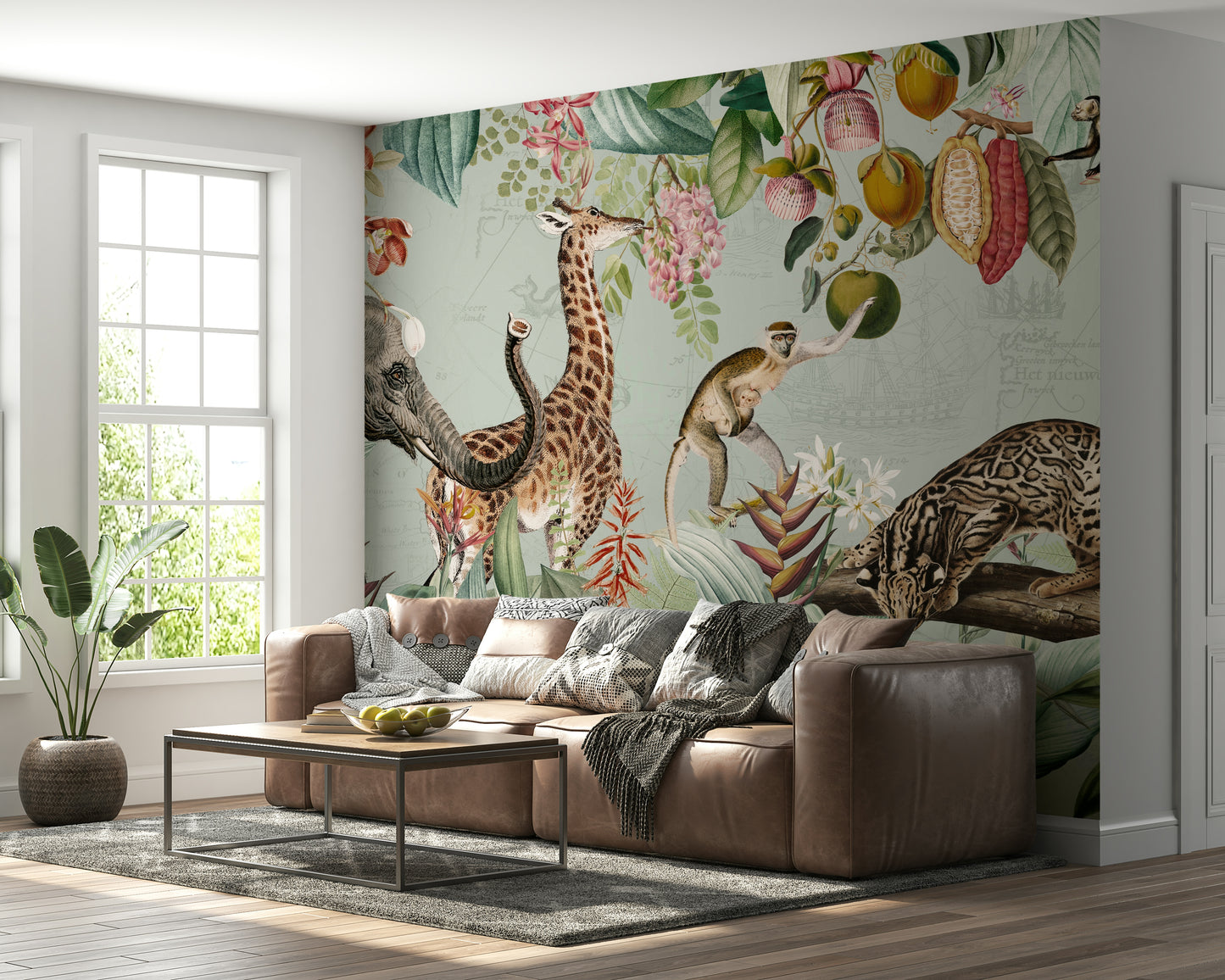 Vibrant tropical wallpaper mural with vintage wildlife elements

