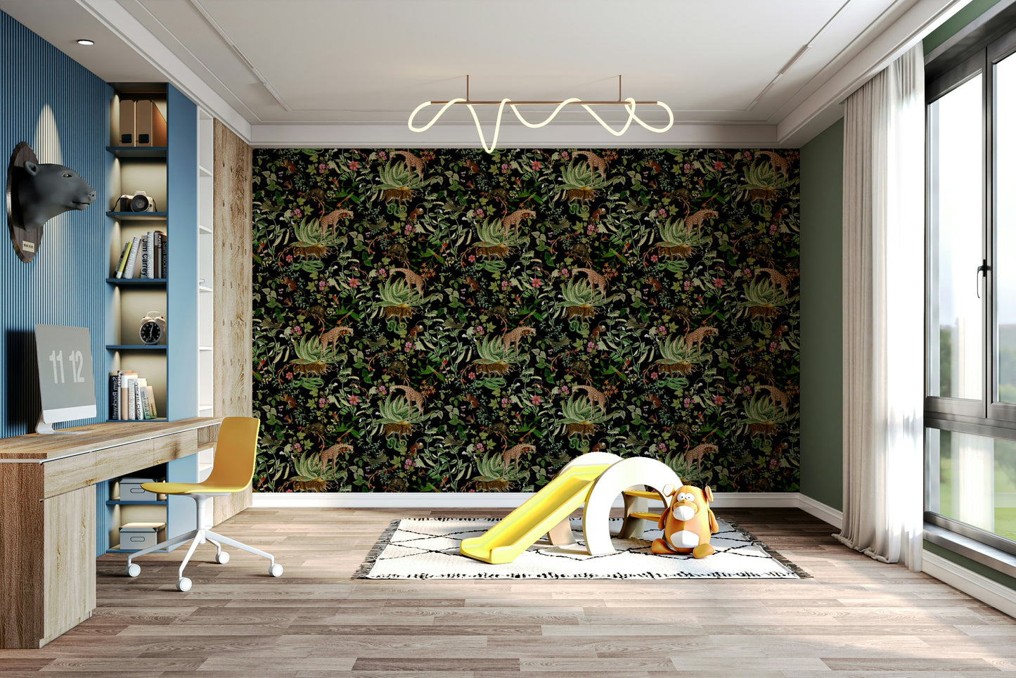 Whispers of the Wild wall mural with vibrant wildlife and rich greenery.

