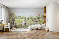 Nursery wall mural with woodland theme

