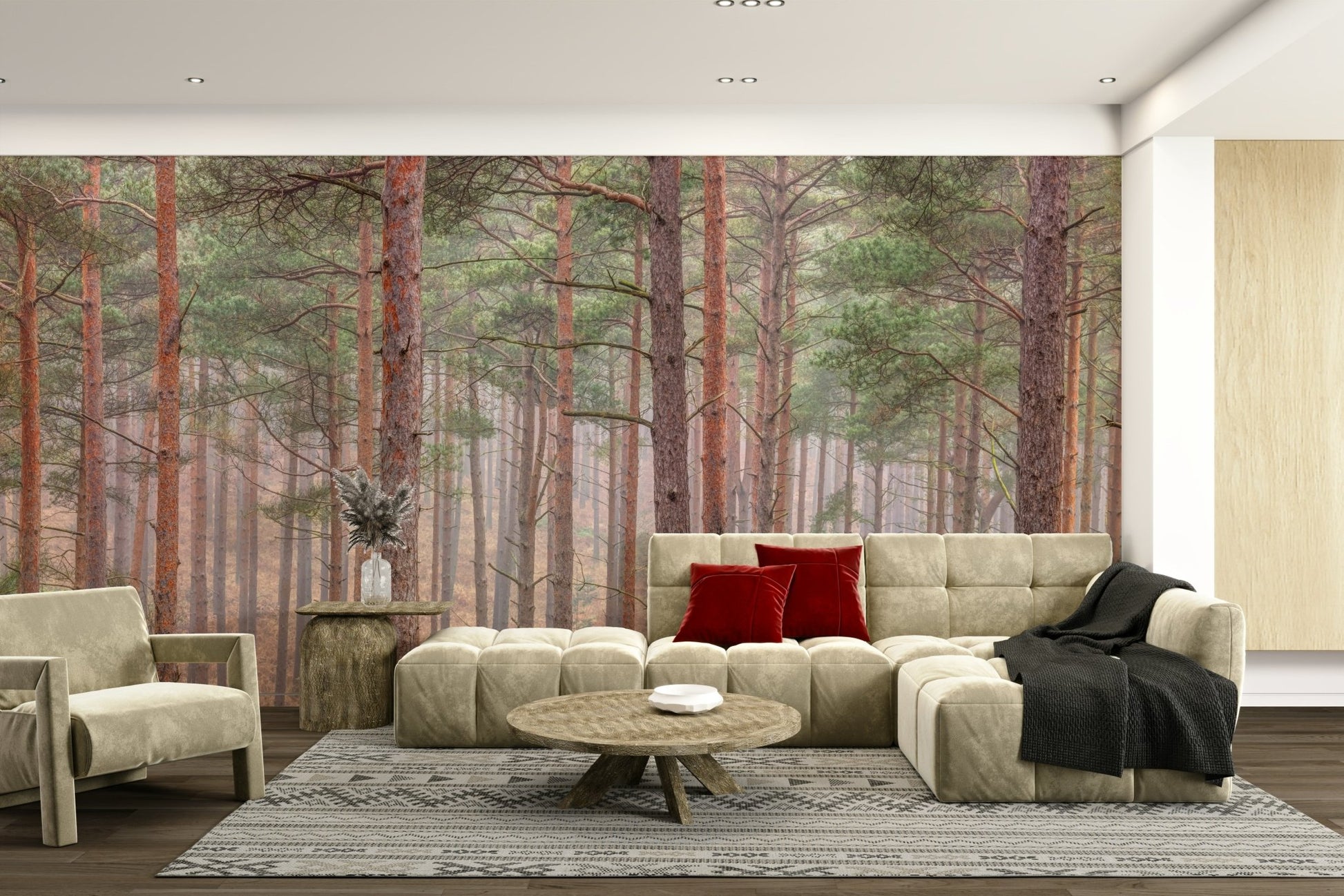 The room feels calm and quiet due to the serene landscape.

