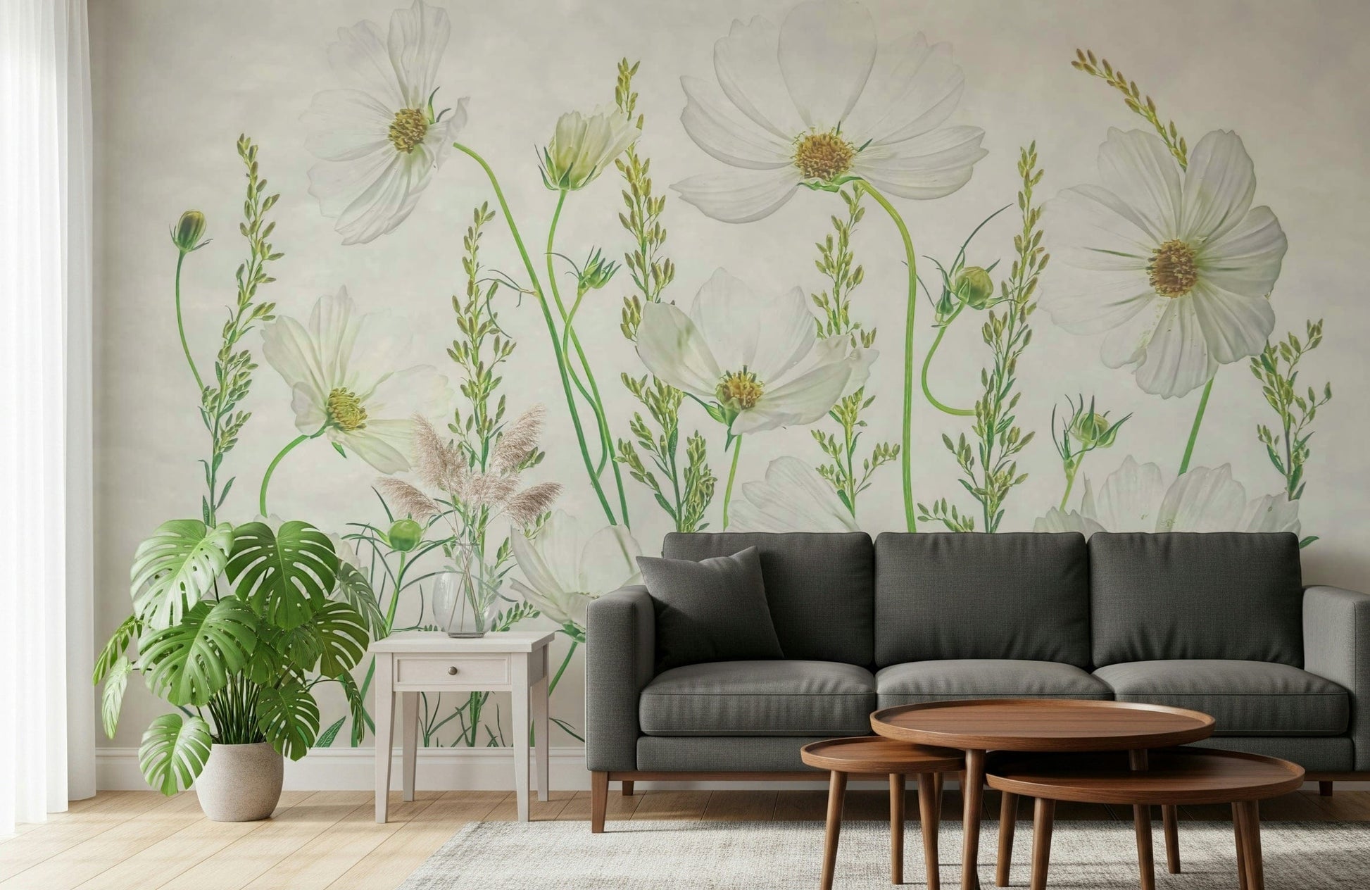 A graceful subtle cosmos wall mural in bright, soft tones.

