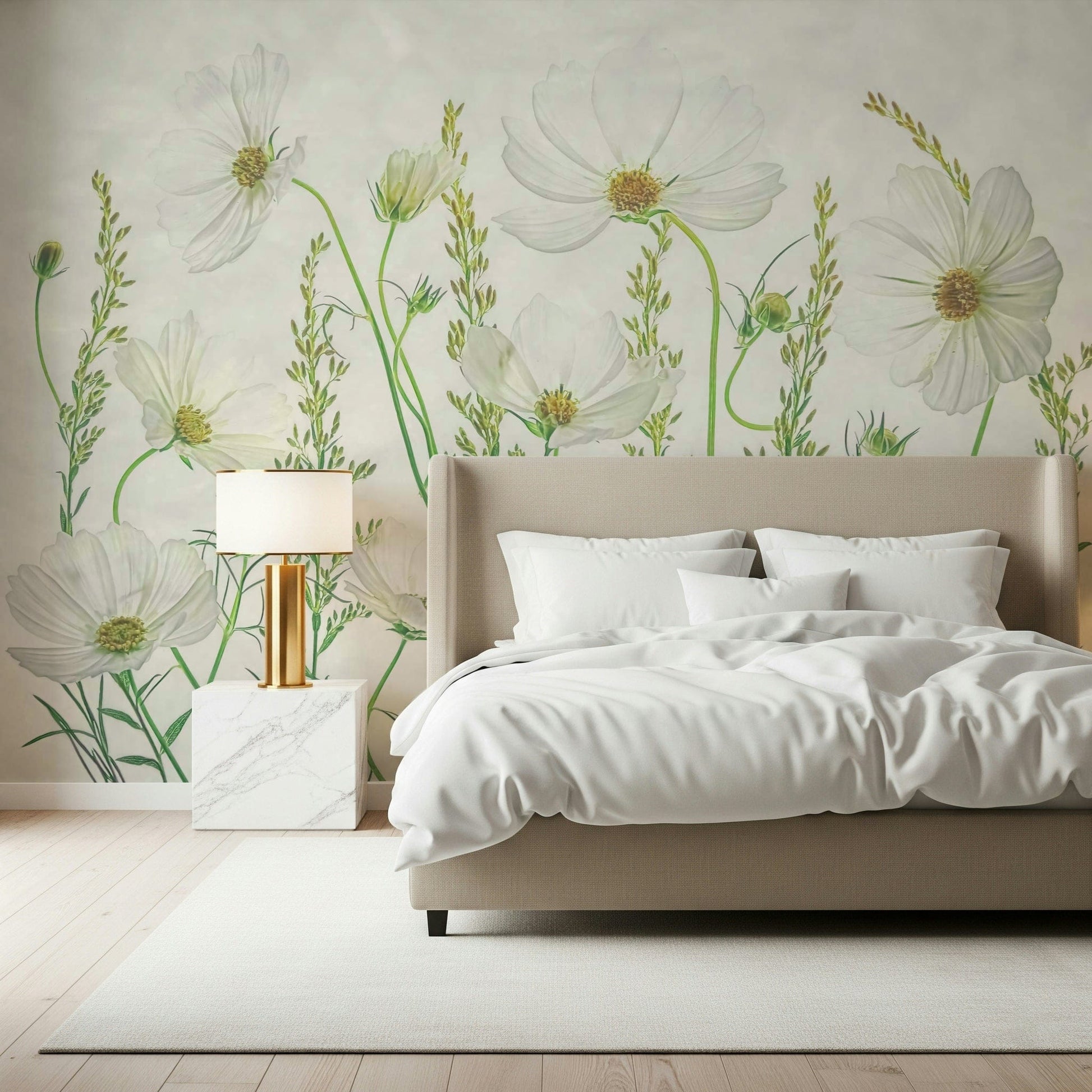 A contemplative white flower wallpaper mural for a feature wall.

