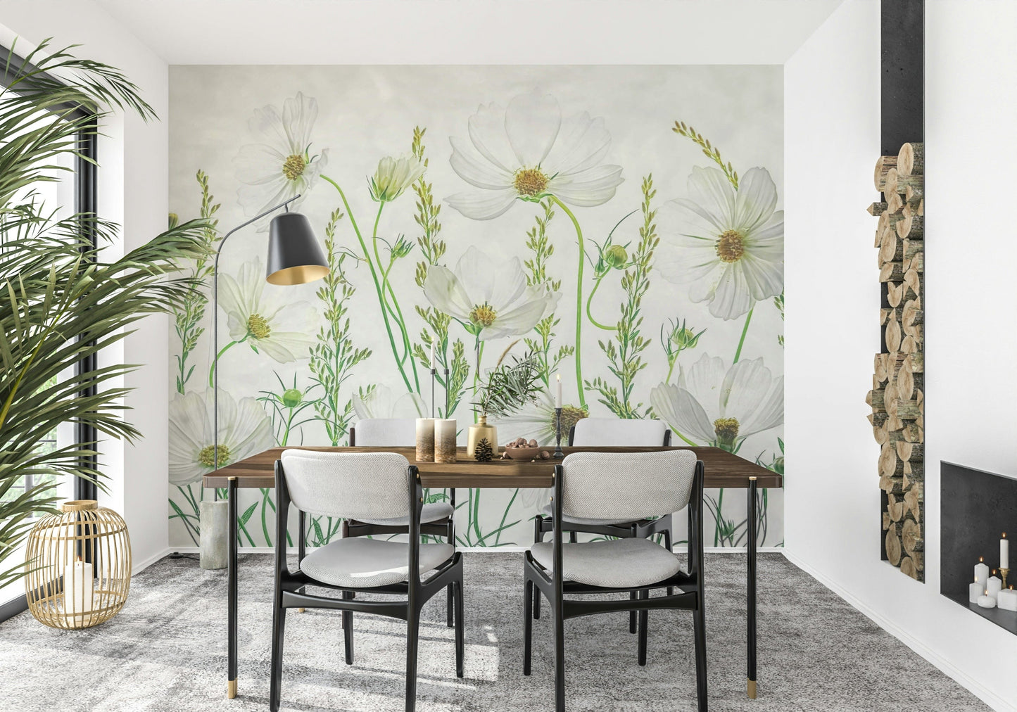 An artistic delicate bloom mural on minimalist wallpaper.

