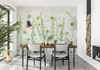 An artistic delicate bloom mural on minimalist wallpaper.

