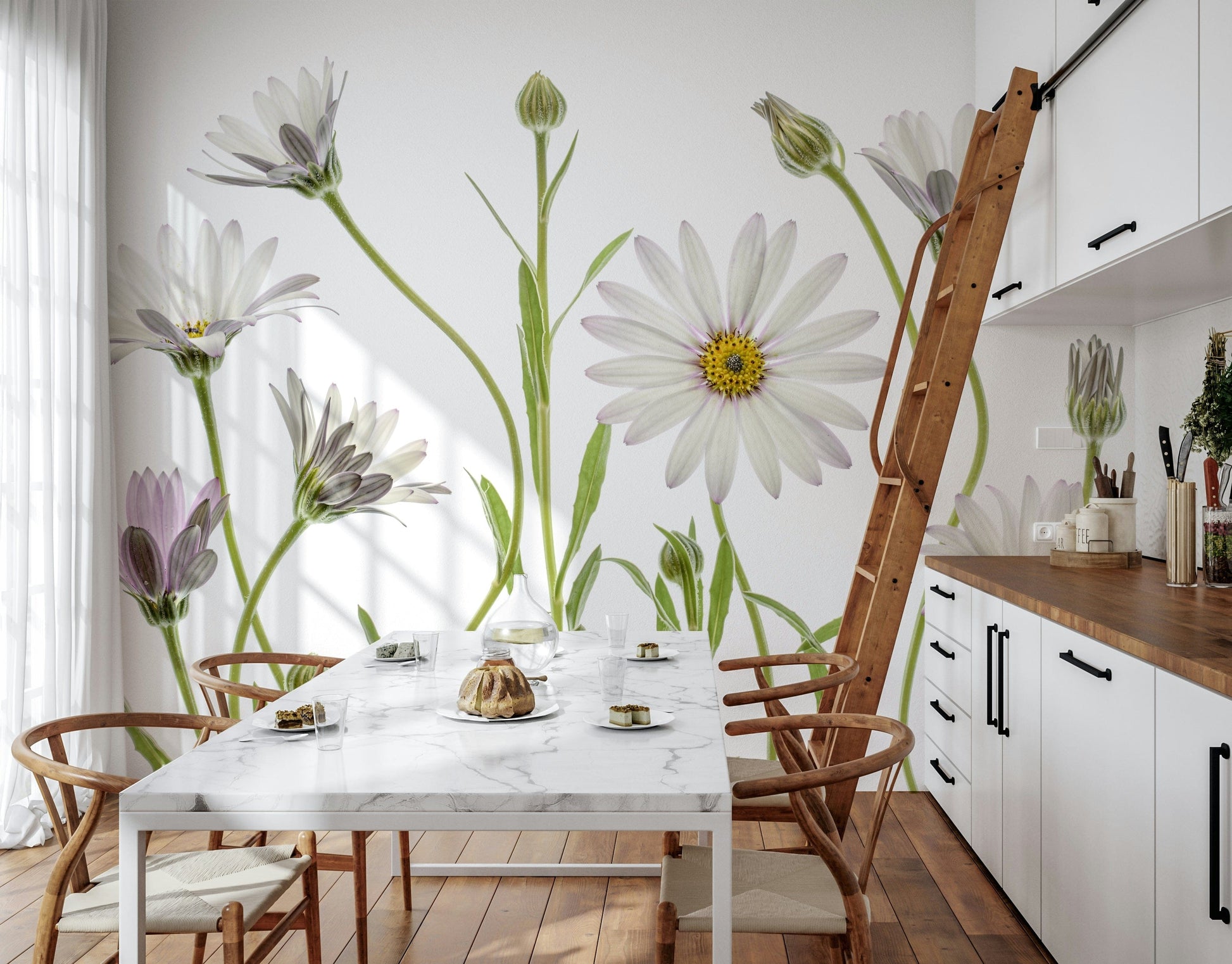 A contemplative gentle white wallpaper mural for a feature wall.

