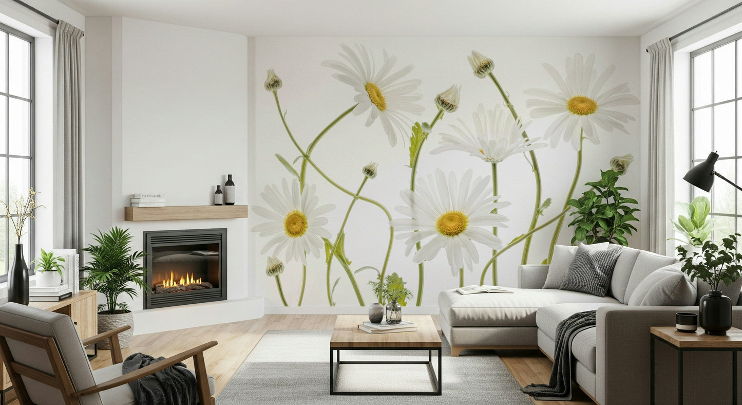 A graceful subtle bloom wall mural in soft, white tones.

