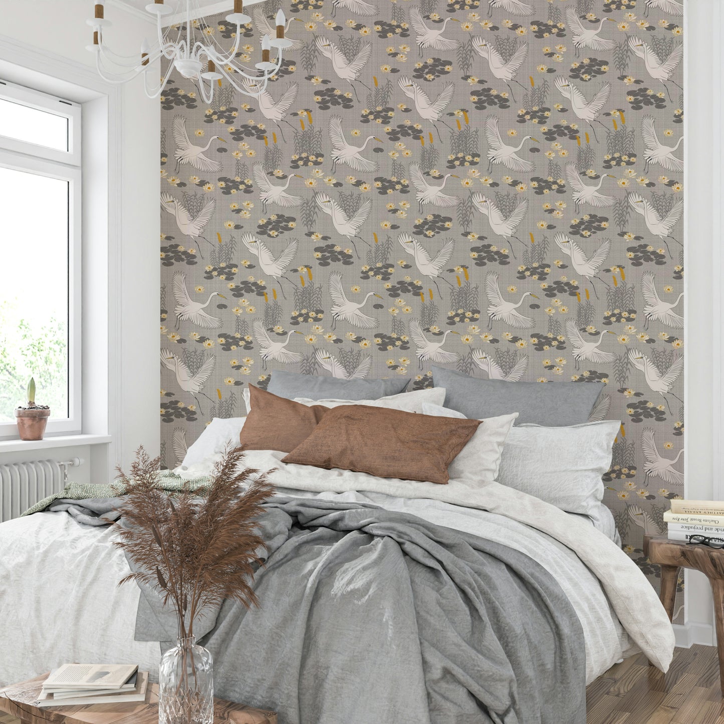 Serene heron mural in soft, pale tones