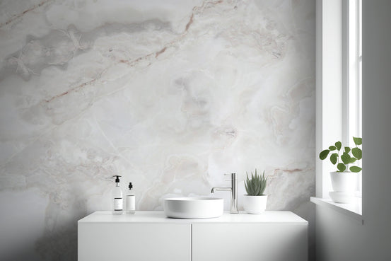 White Marble wallpaper mural shown as a full feature wall that highlights the design