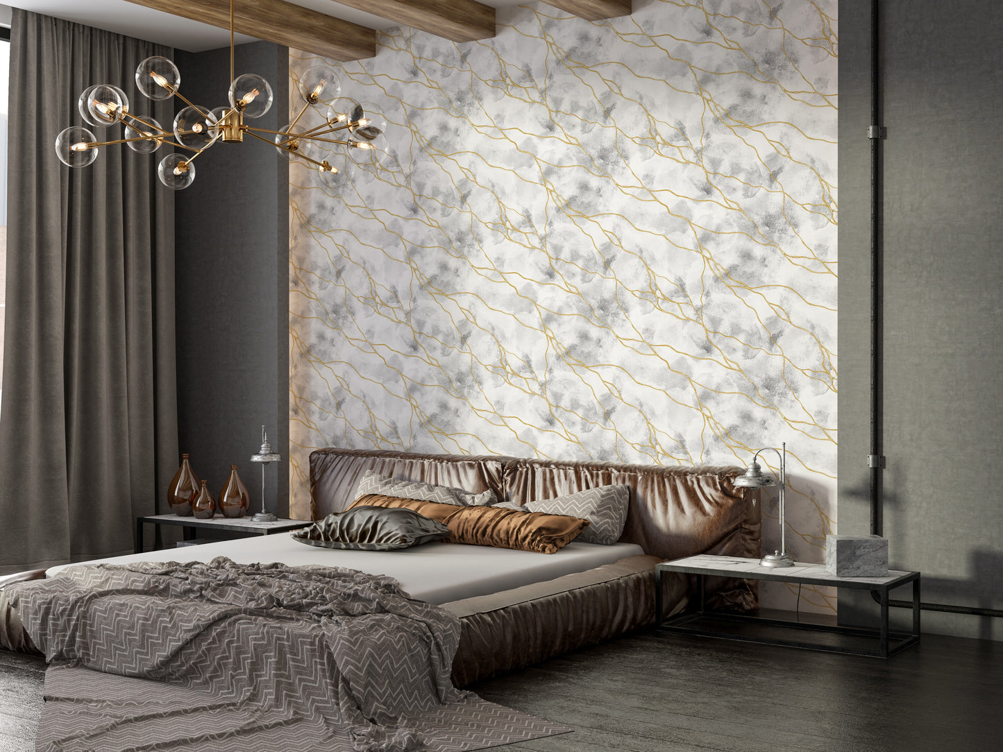 Peel and stick white marble wallpaper with metallic gold

