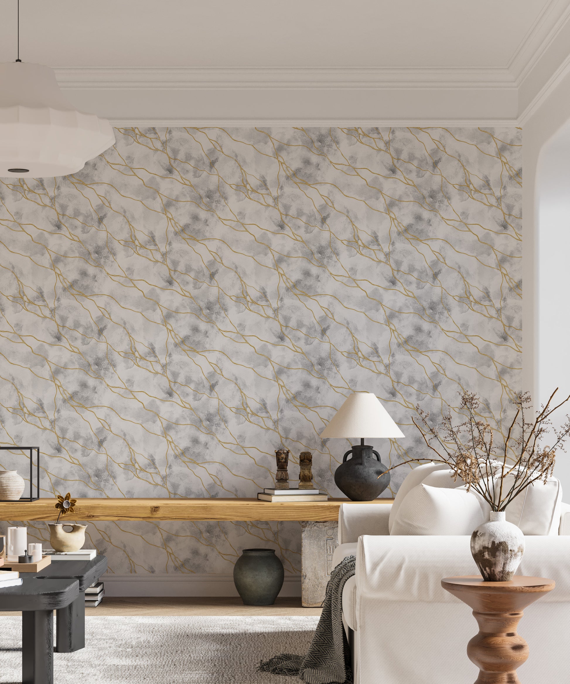 Elegant marble mural in white with golden streaks

