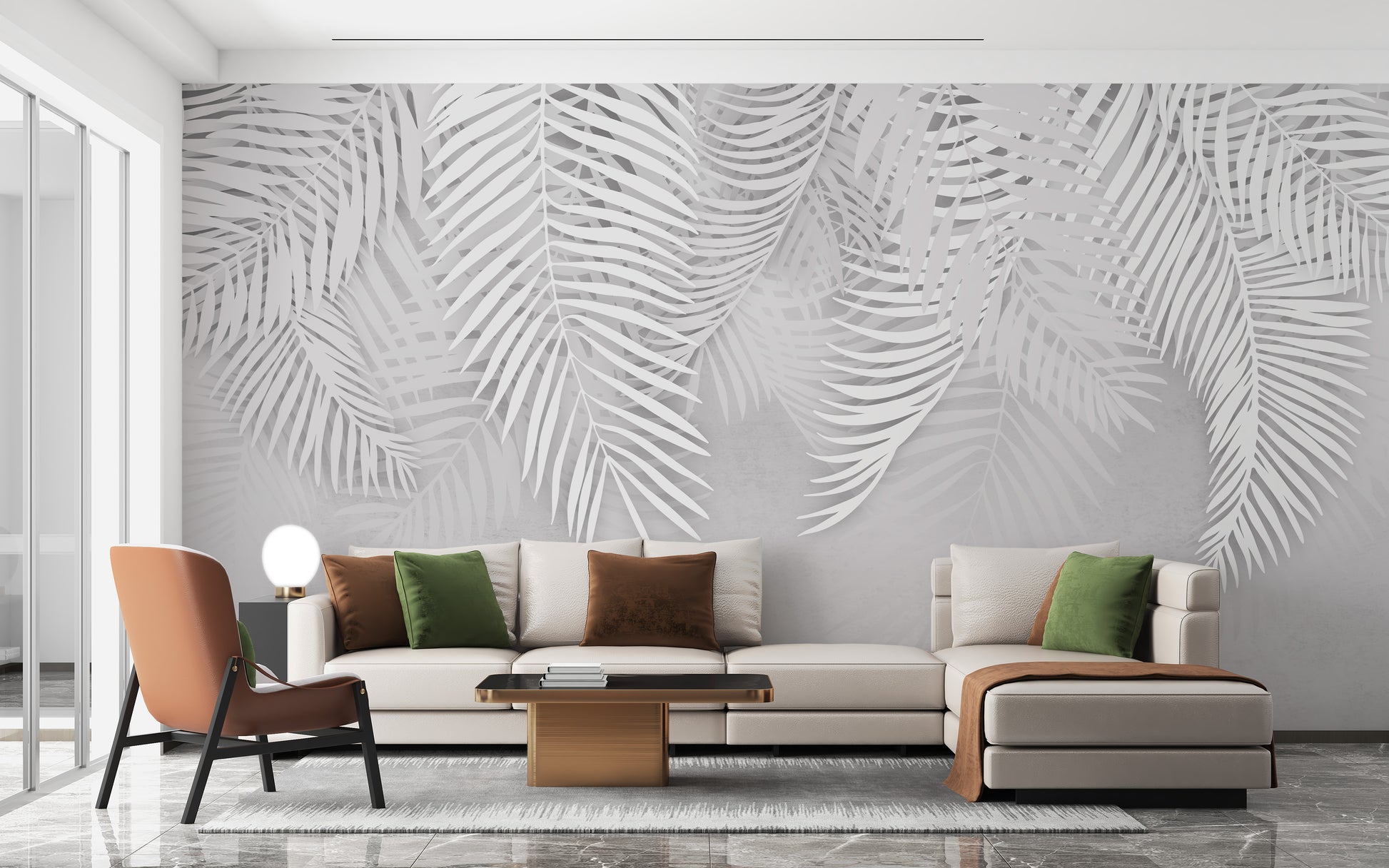 White palm leaves on concrete wallpaper
