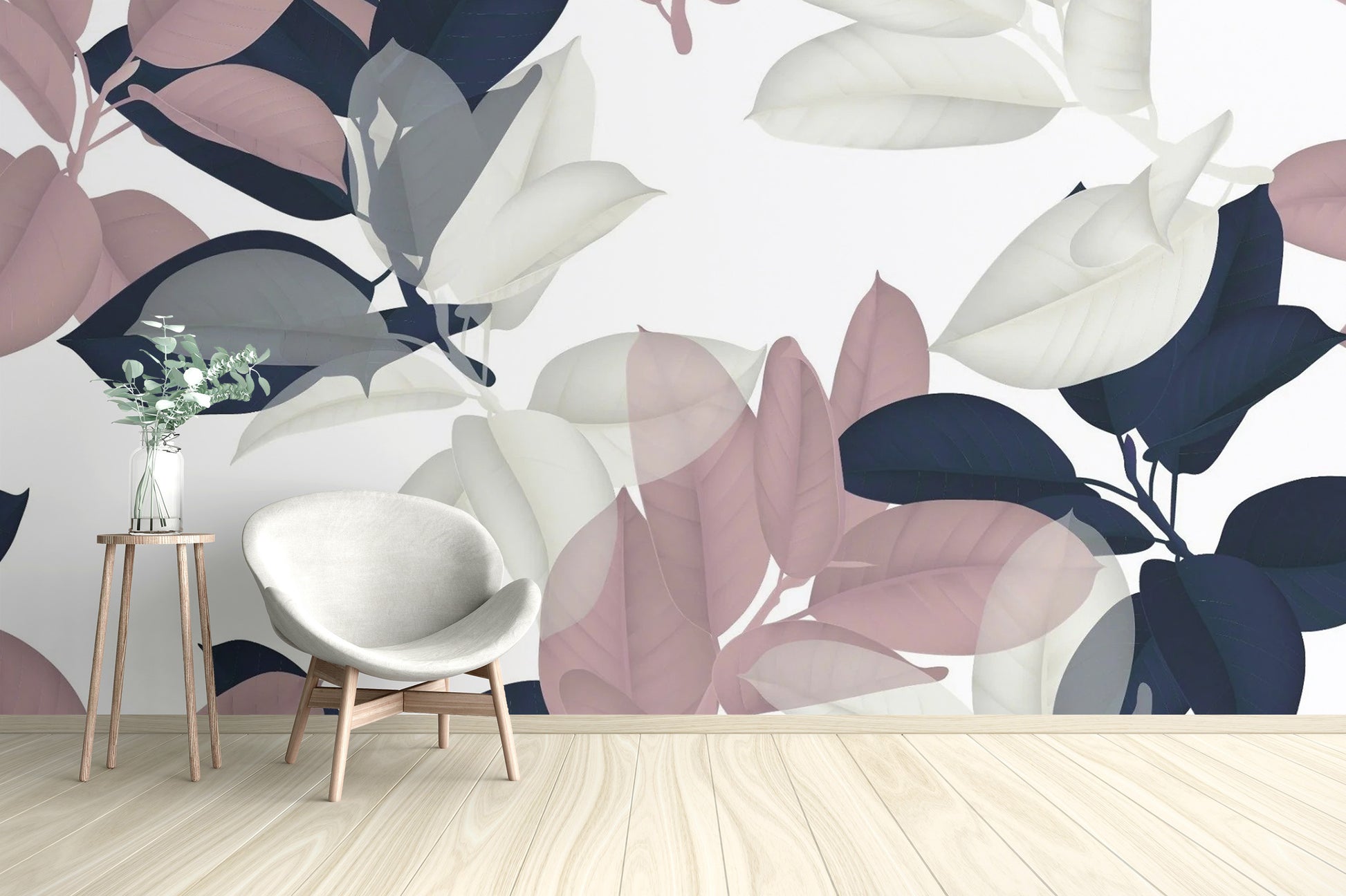 White & Pink Large Leaves Wallpaper Murals - Giffywalls