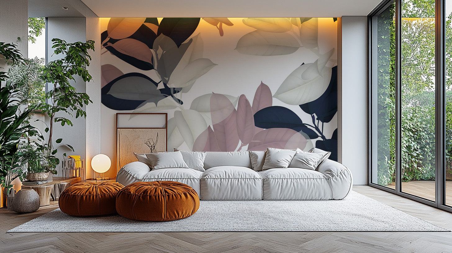 Large leaves wallpaper mural in pink and white
