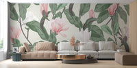 Magnolia flower wallpaper mural in pink & white

