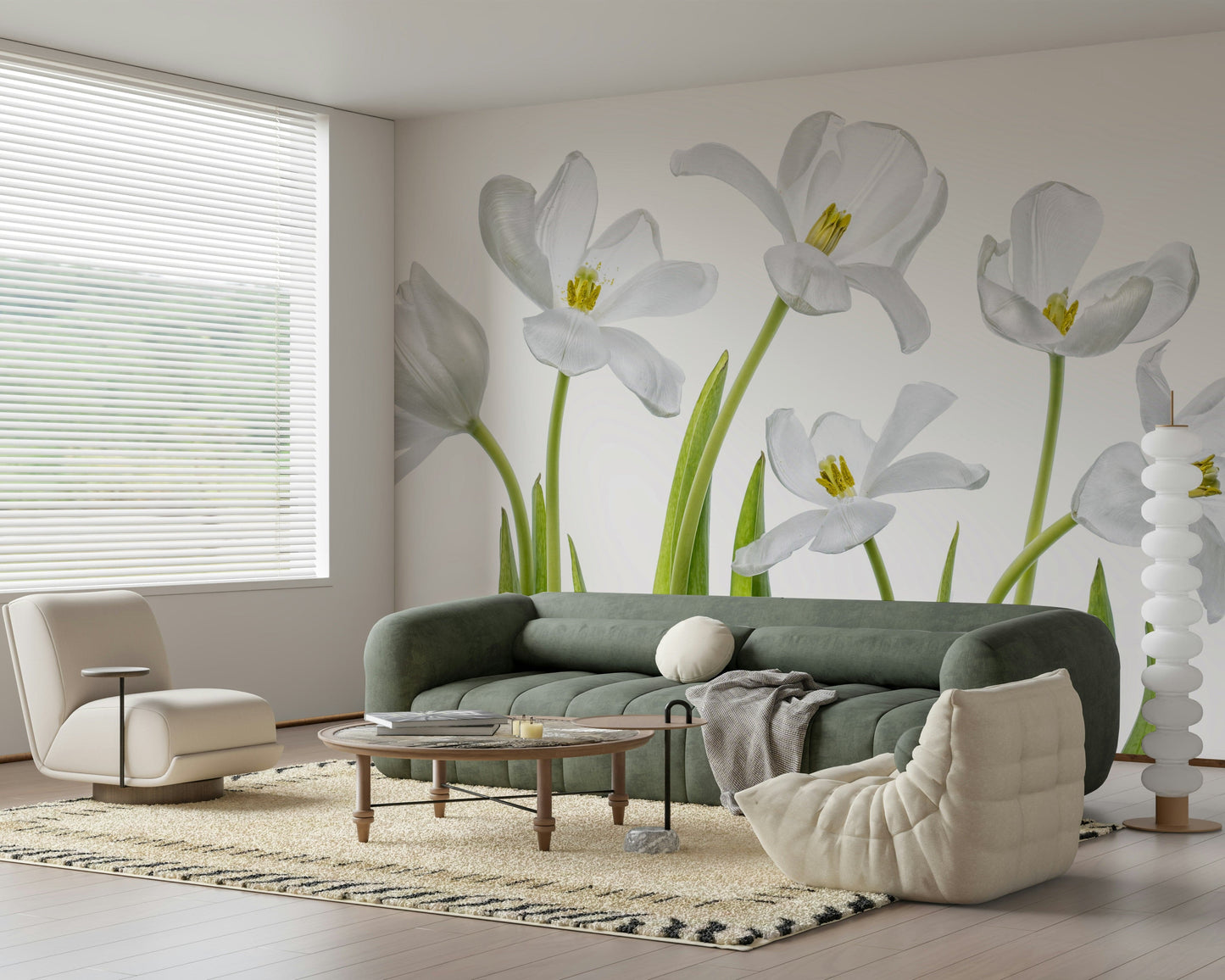 A graceful subtle tulip wall mural in soft, tranquil tones.

