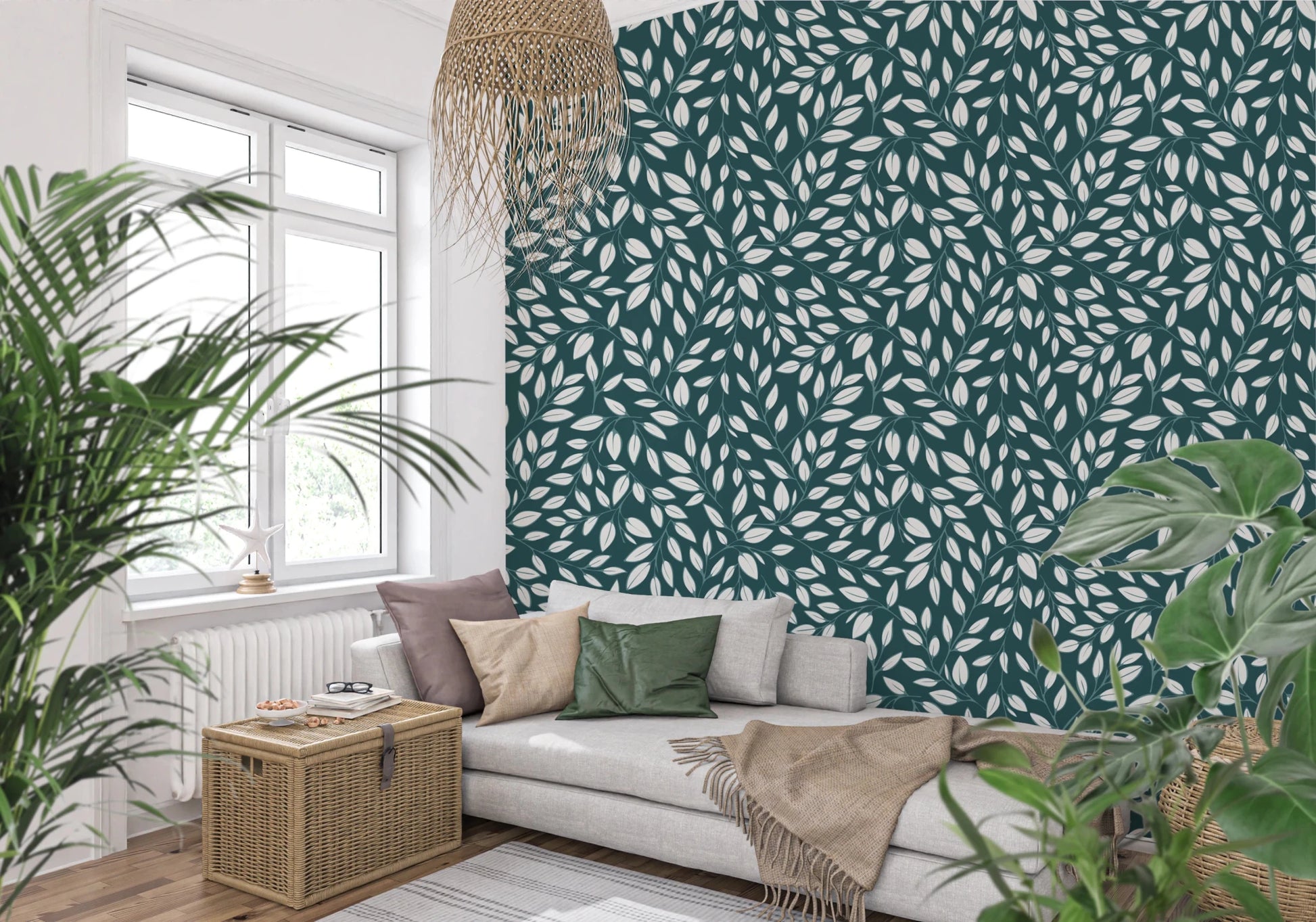 White Vines on Teal Wallpaper⁠