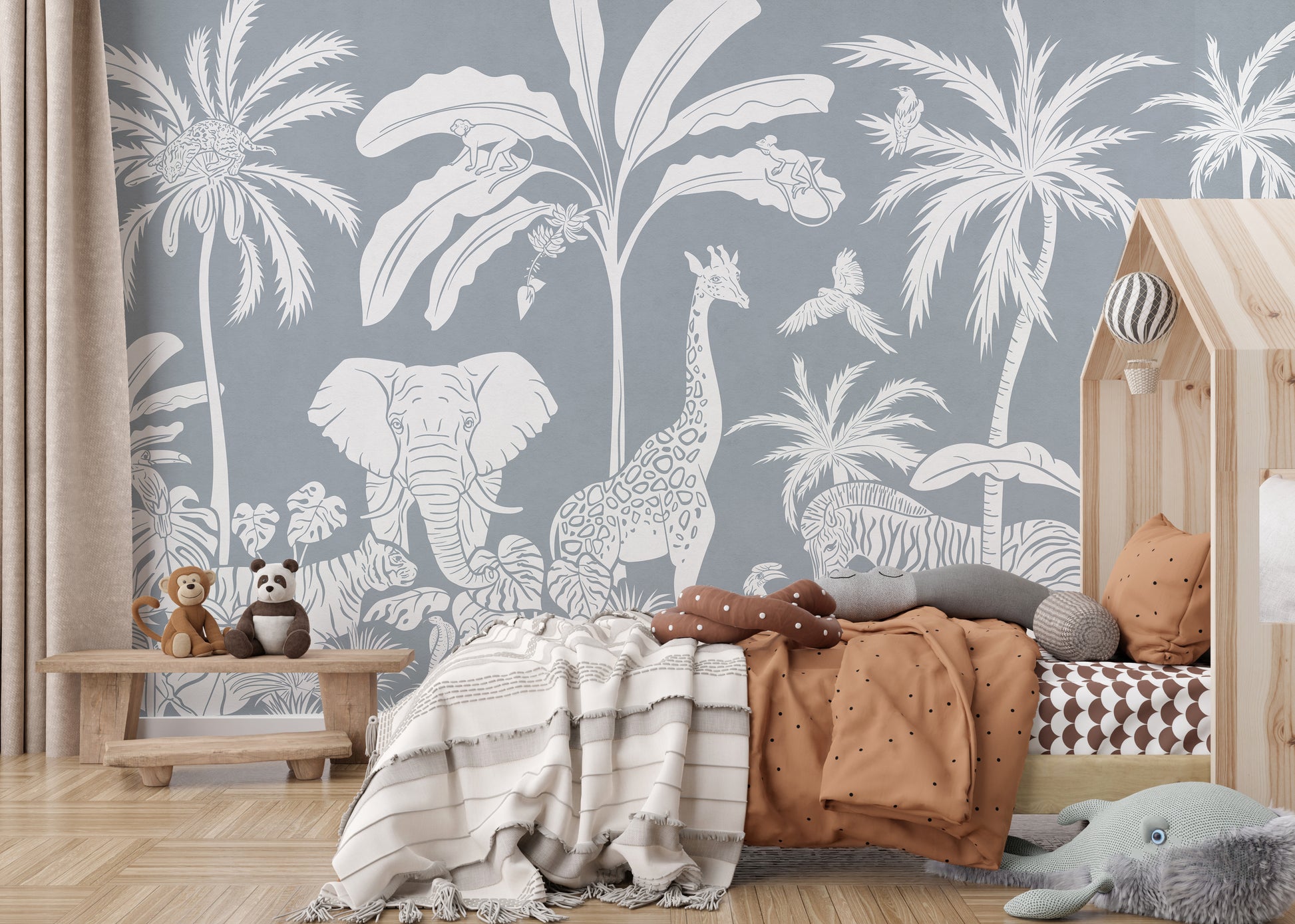 Scandi Monochrome Jungle Blue Wall Mural on canvas in a bright kids bedroom with a wooden house bed frame.