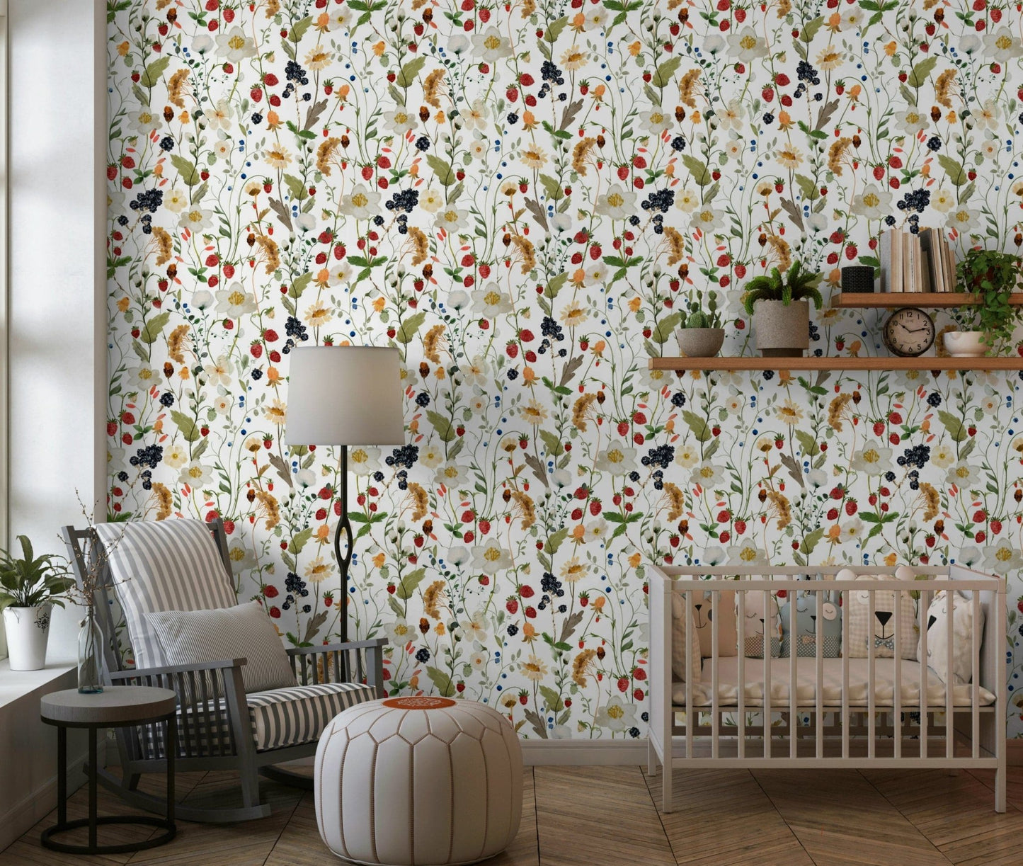Wild Berry Bliss wall covering, artistic illustration, bright forest fruits.