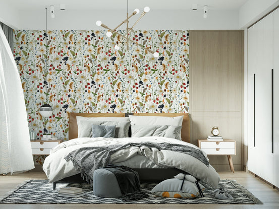 Wild Berry Bliss wallpaper, watercolor botanical pattern, berries, wildflowers.