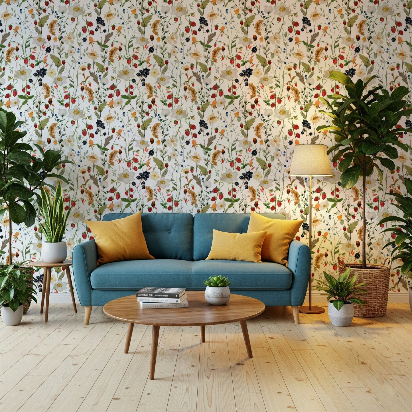 Wild Berry Bliss wallpaper for walls, woodland theme, lush vibrant print.